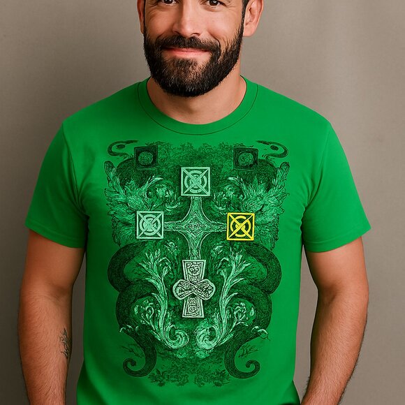 Celtic Cross Irish Symbols Graphic T Shirt Delta Pro Weight Green Short L - Picture 1 of 10